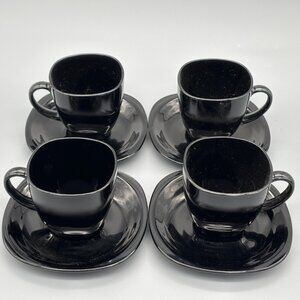 Vintage Arcoroc Black Espresso Cups And Saucers Set Of Four For Coffee Service